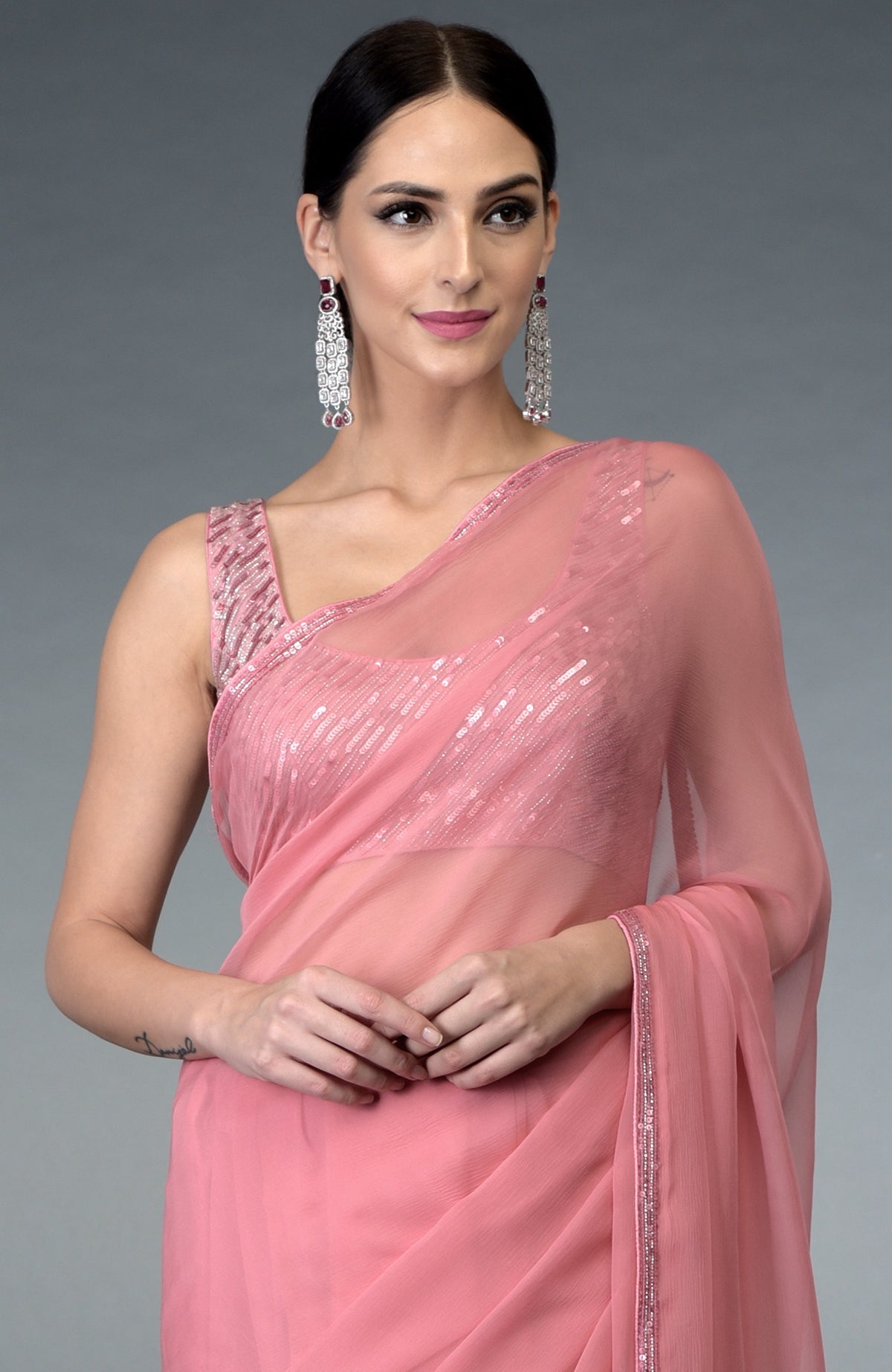 Pressed rose sequin and beads work saree with blouse.