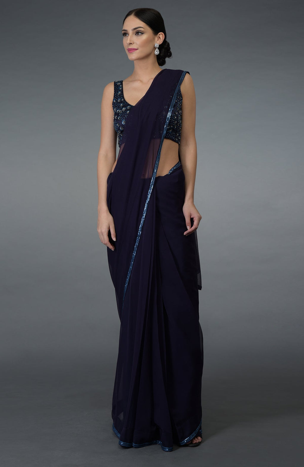 Eclipse blue crystal sequin and beads work saree with blouse.