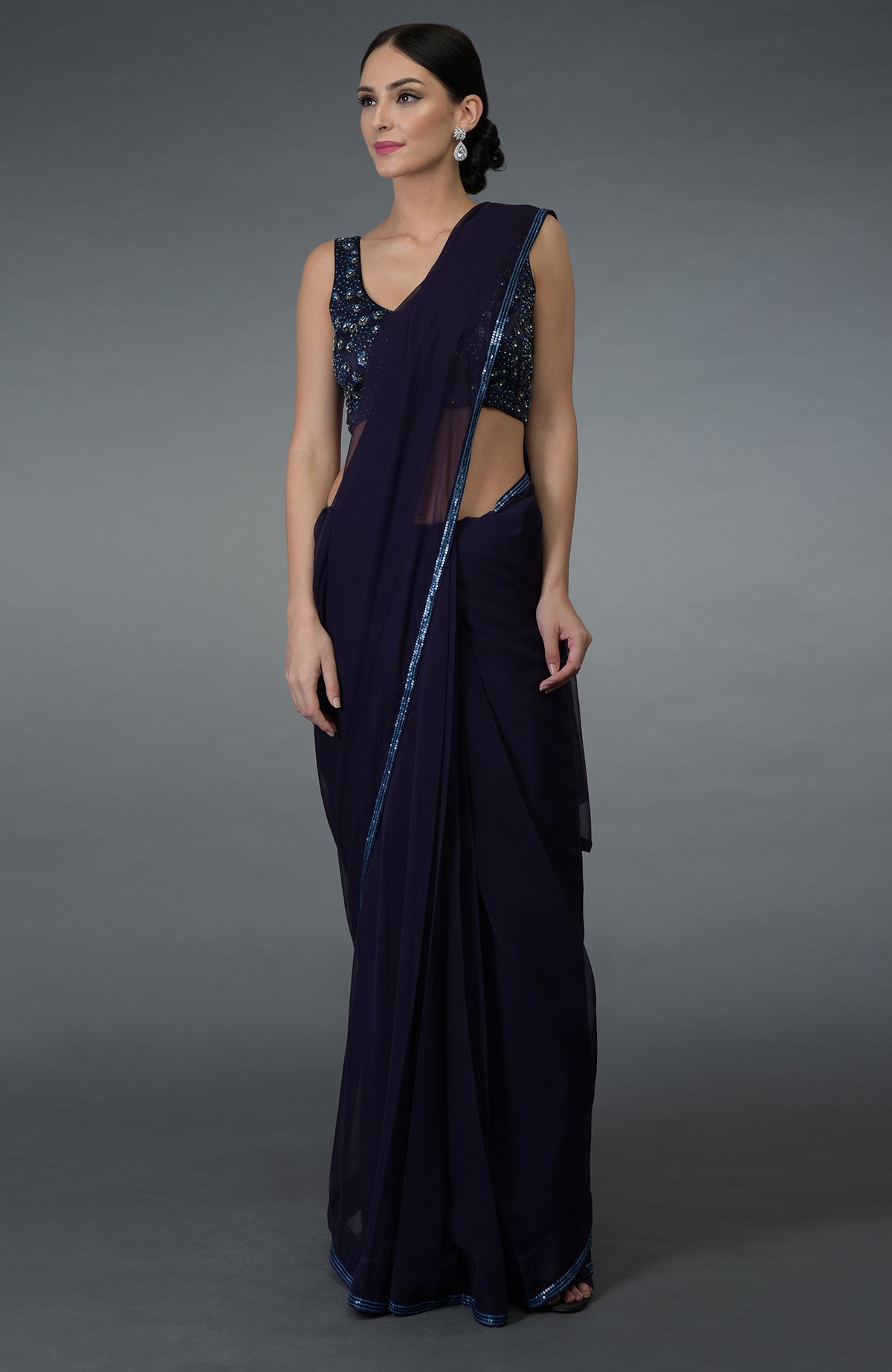 Eclipse blue crystal sequin and beads work saree with blouse.