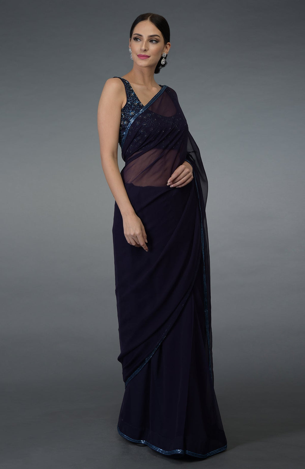 Eclipse Blue crystal sequin and beads work saree with blouse.