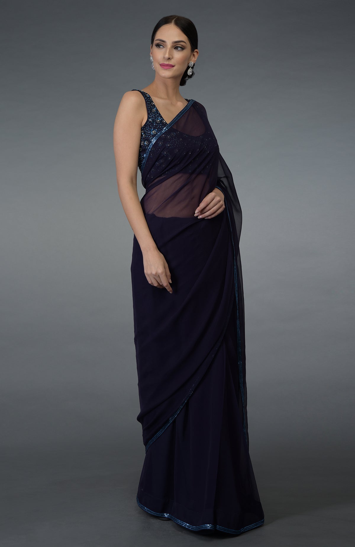 Eclipse Blue crystal sequin and beads work saree with blouse.