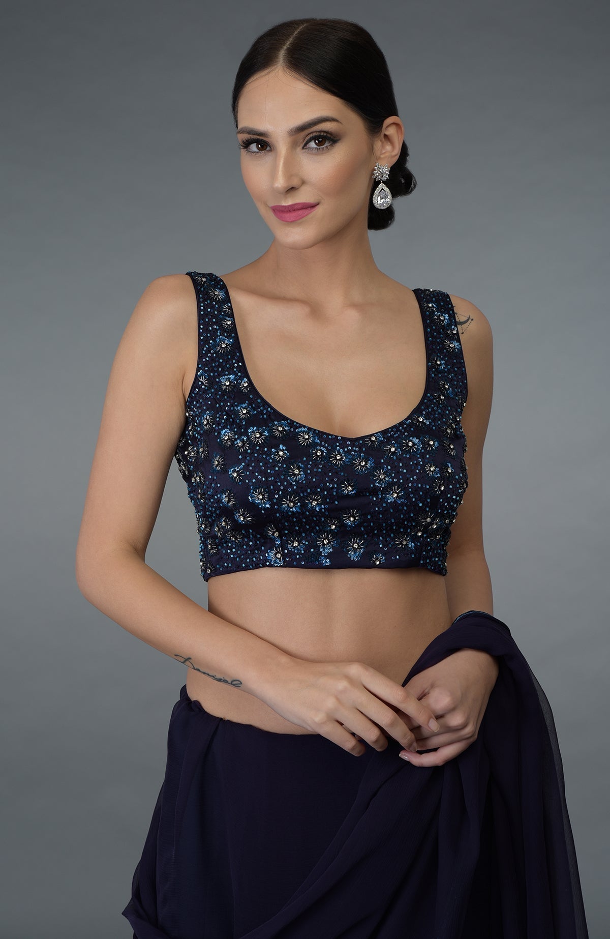 Eclipse blue crystal sequin and beads work saree with blouse.