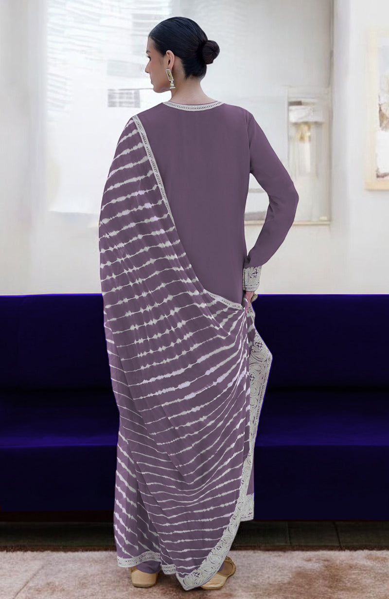 Lavender kurta set with a tie-dye dupatta and Kashmiri tilla embroidery.