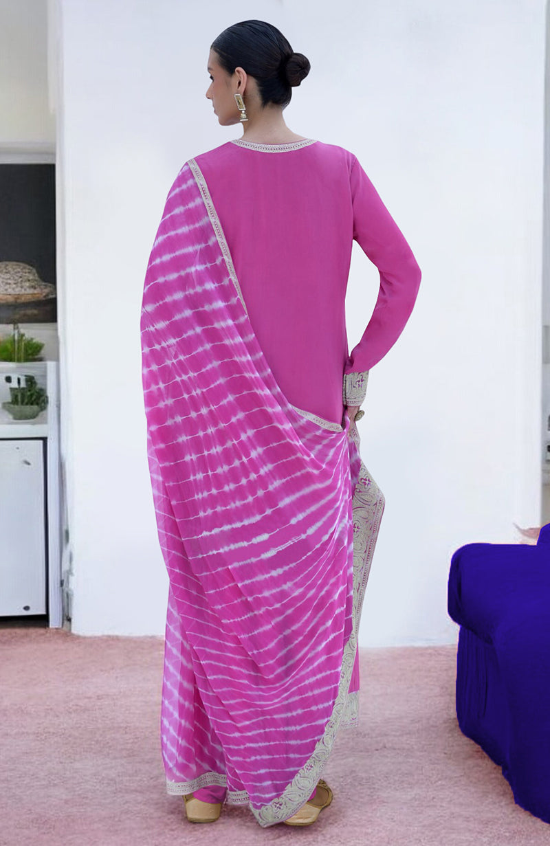 Pink Leheriya Handcrafted Tie Dye & Kashmiri Tilla Kurta Set.