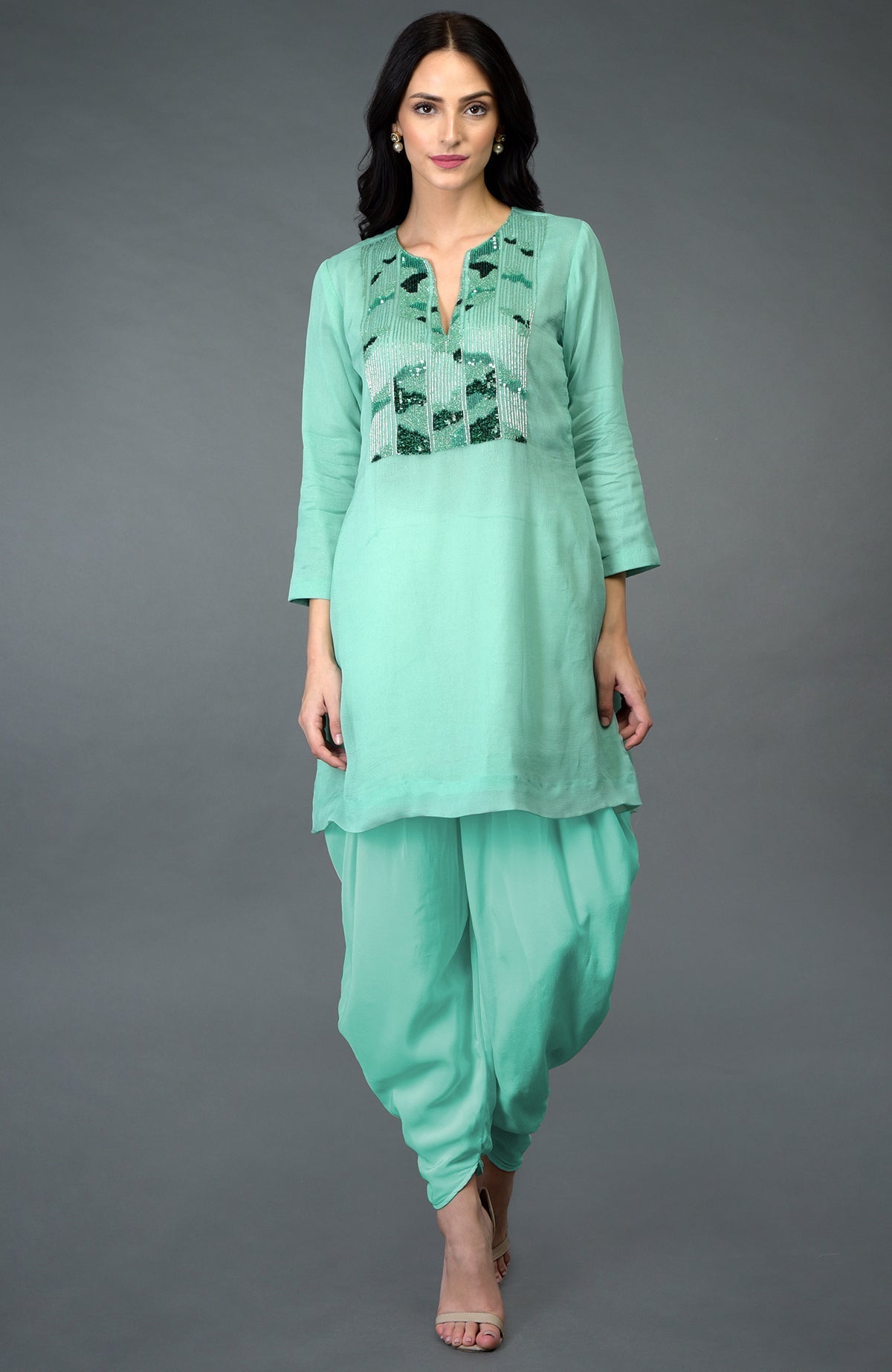 Mint green sequin and beads embroidered dhoti pants suit.