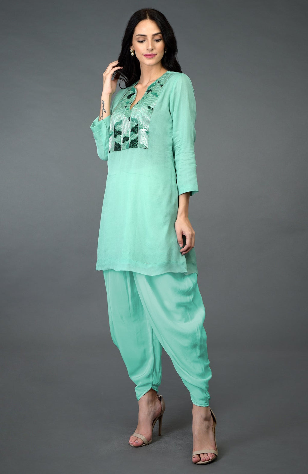 Mint green sequin and beads embroidered dhoti pants suit.