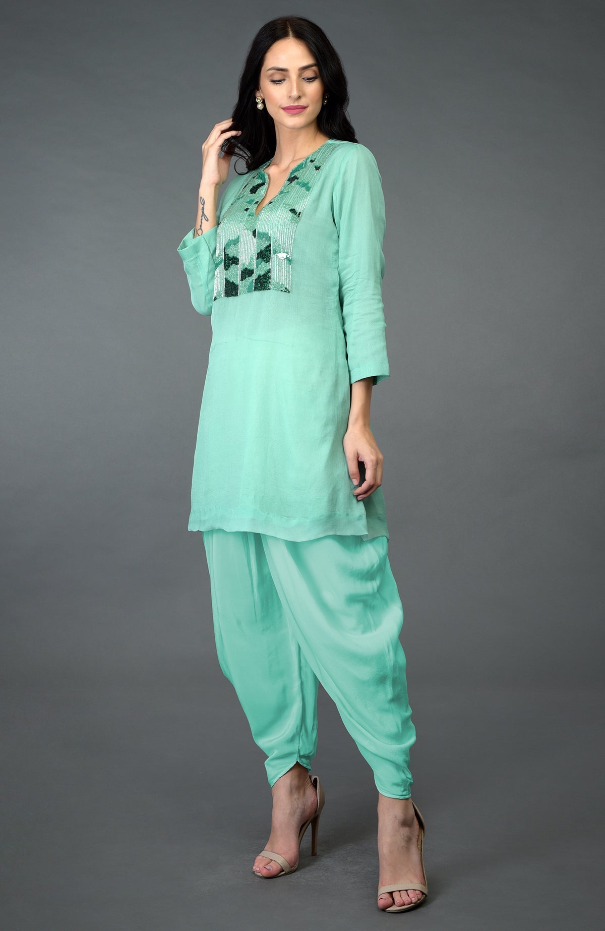 Mint green sequin and beads embroidered dhoti pants suit.