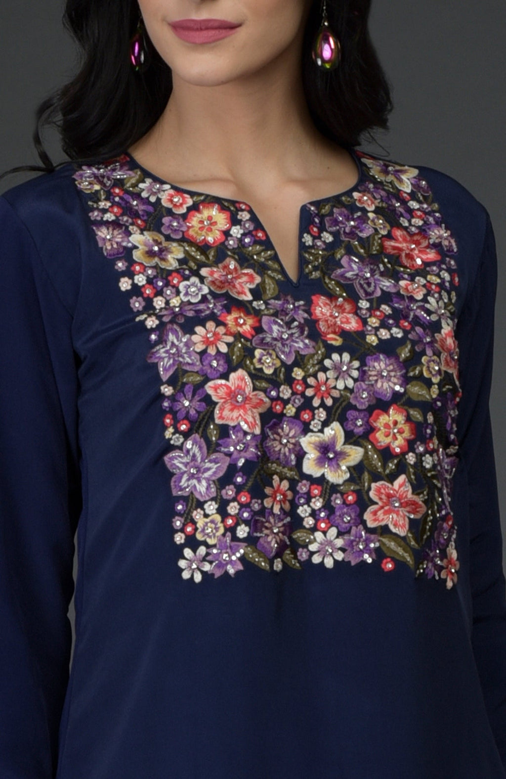 Eclipse blue kurta with colorful floral resham, sequin, and bead embroidery.