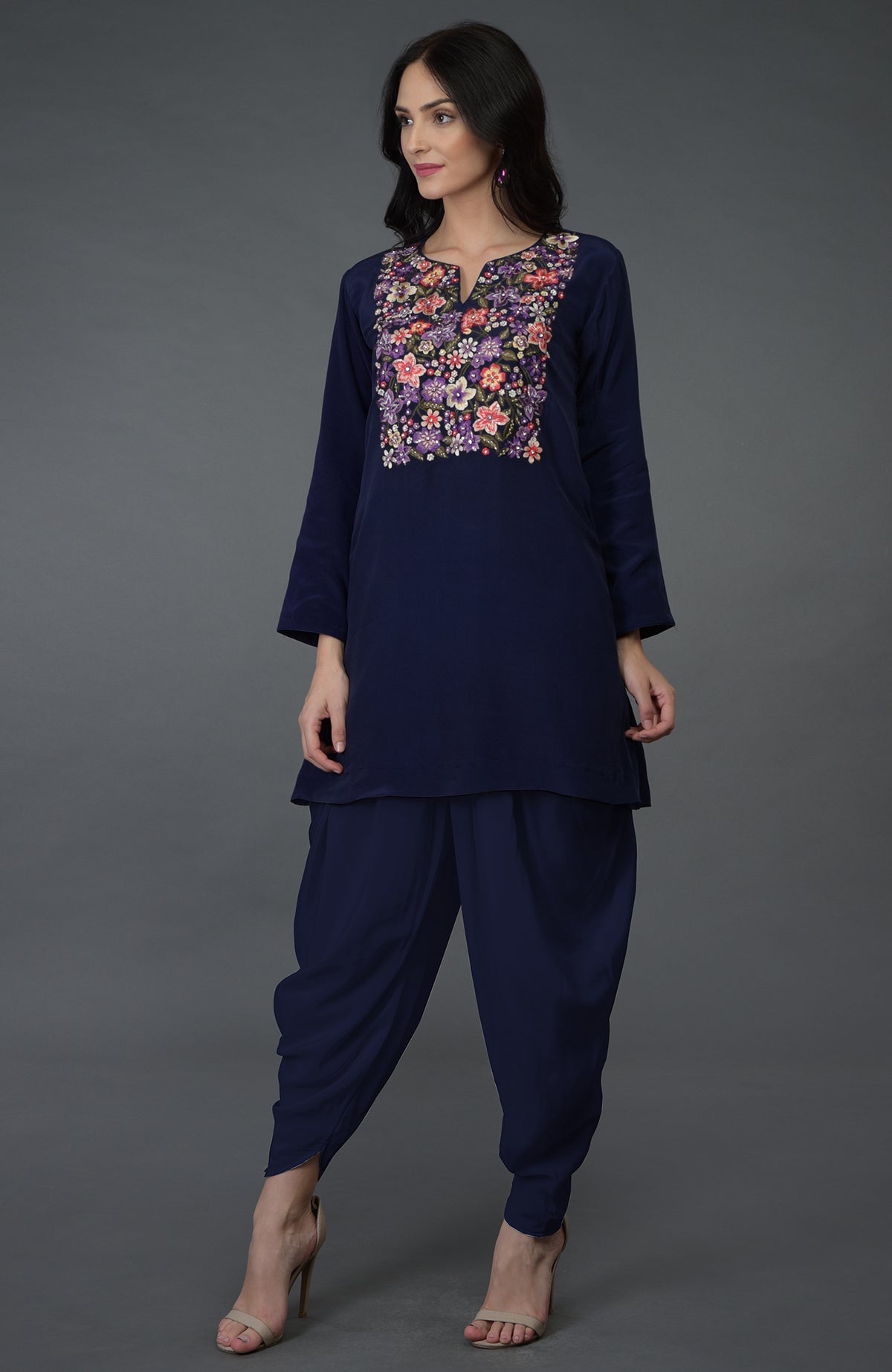 An Eclipse Blue Resham Sequin & Beads Work Top with Dhoti Pants.