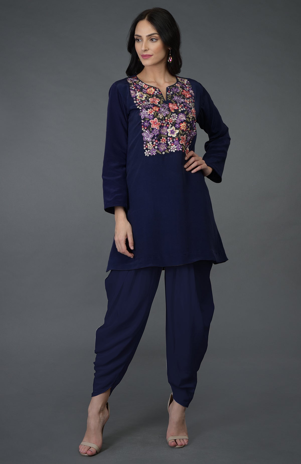 Eclipse blue resham sequin and beads work top with dhoti pants.