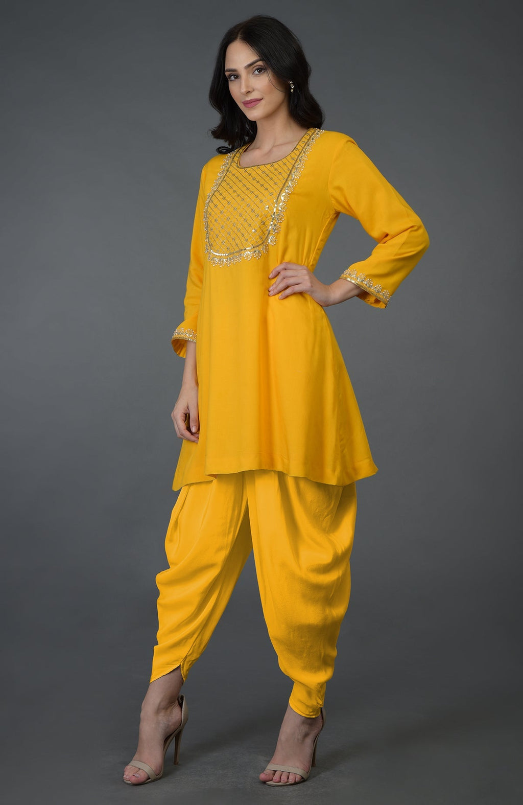Sunglow yellow gota sequin and pearl beads dhoti pants suit.