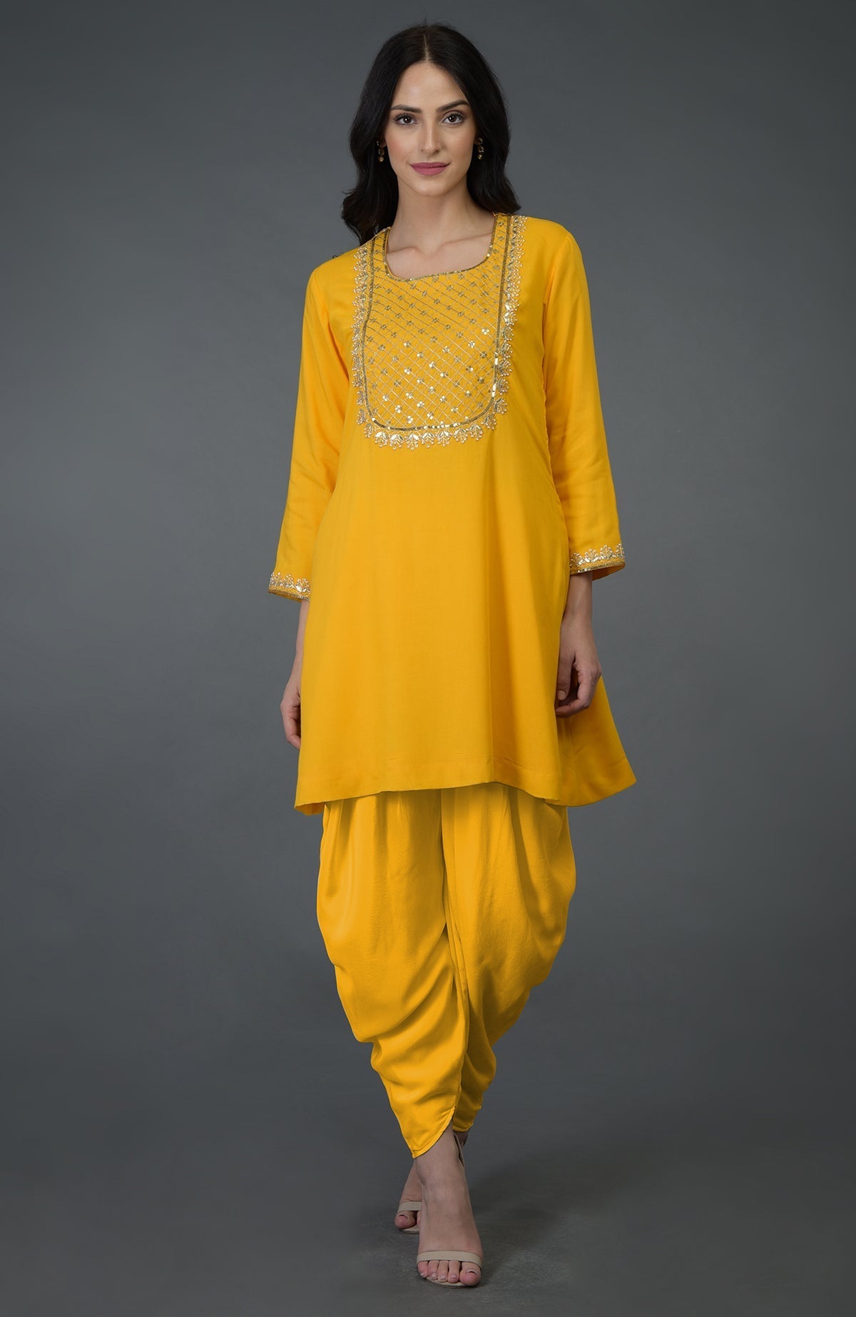 Sunglow yellow gota sequin and pearl beads dhoti pants suit.
