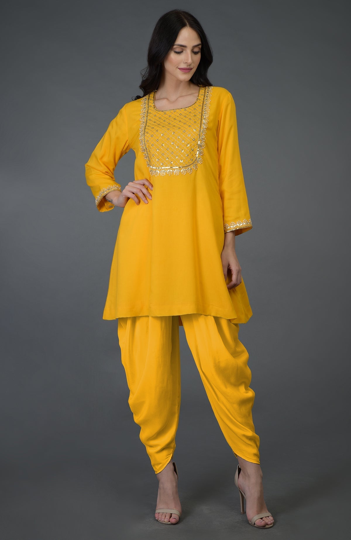 Sunglow yellow gota sequin and pearl beads dhoti pants suit.