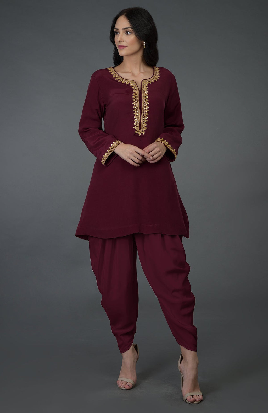 Burgundy Marori and Sequin Embroidered Dhoti Pants Suit on a model.