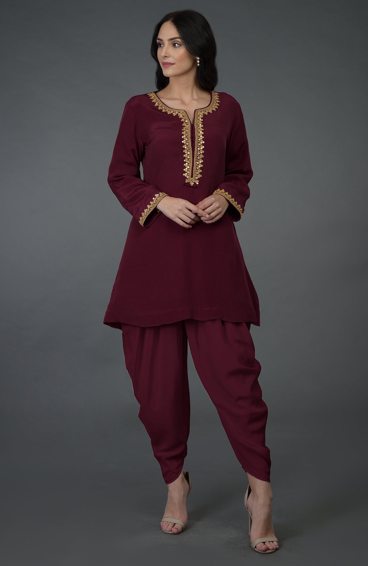 Burgundy Marori and Sequin Embroidered Dhoti Pants Suit on a model.