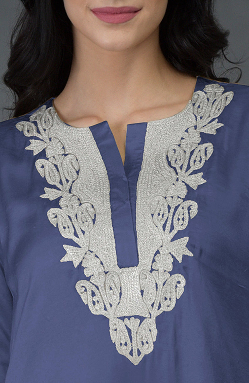 Iris blue Kashmiri tilla embroidered kurta set with silver embroidery.