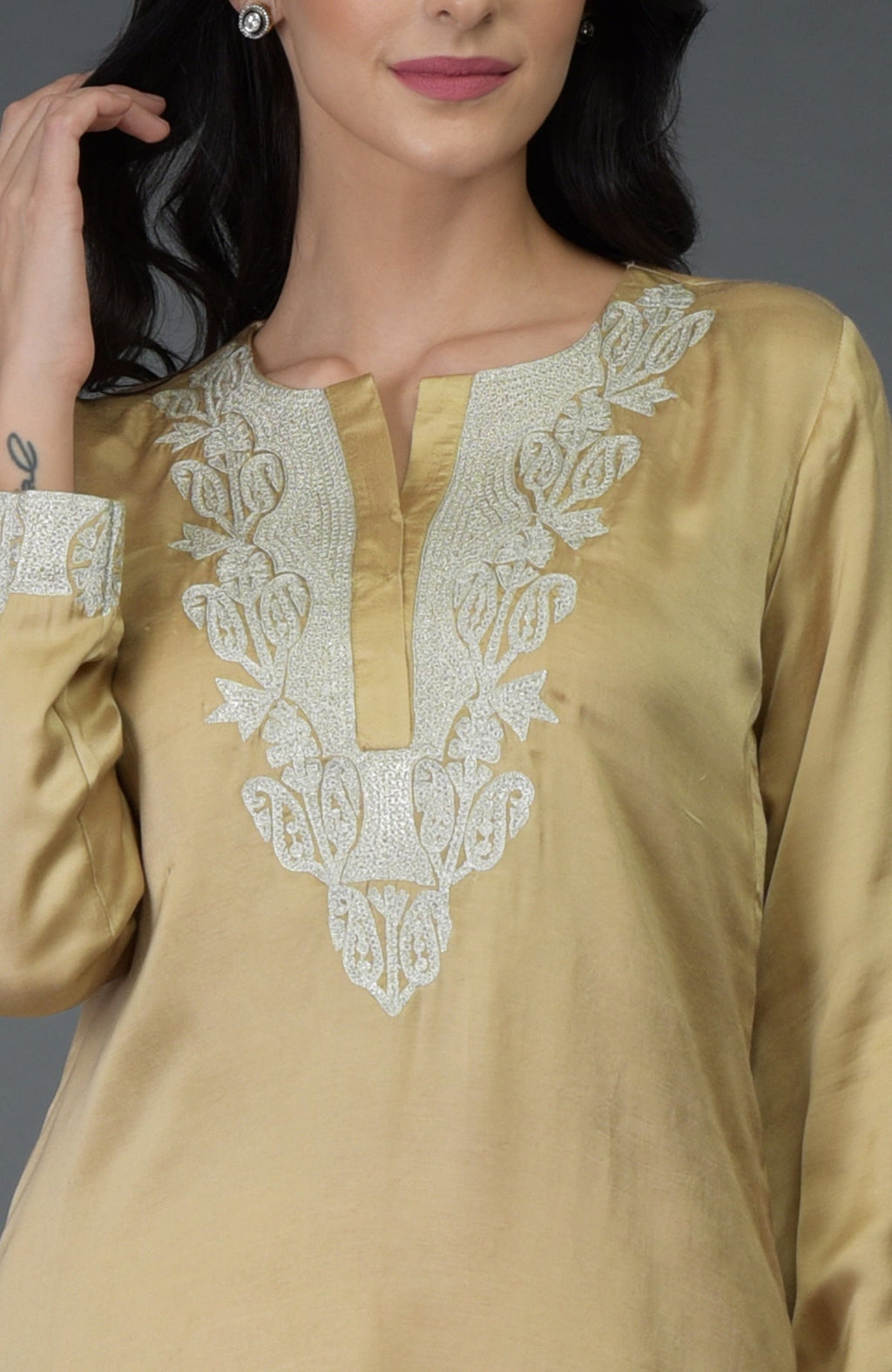 Beige gold Kashmiri tilla embroidered tunic kurta with silver embroidery.
