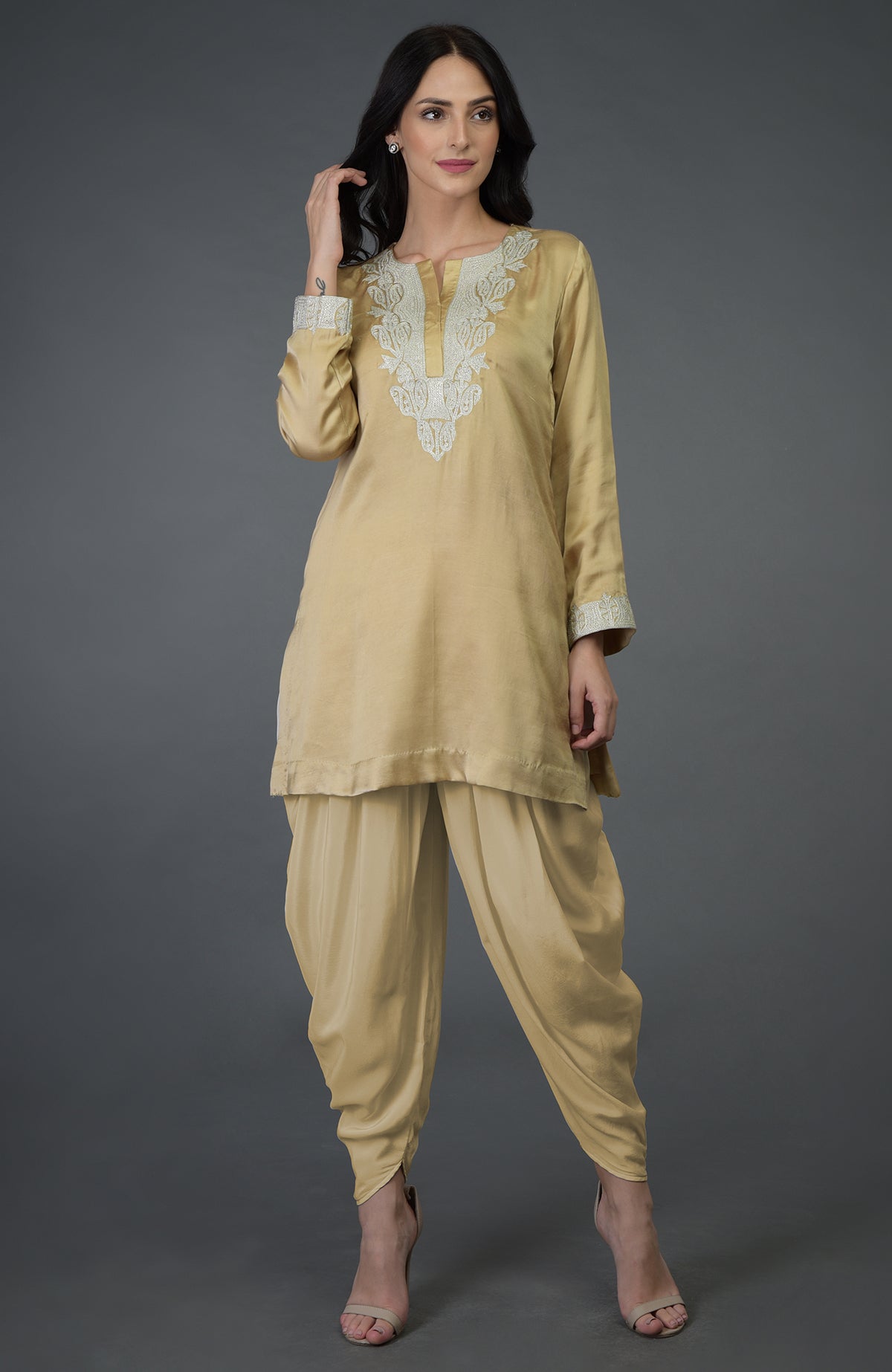 Beige gold Kashmiri tilla embroidered dhoti pants suit.