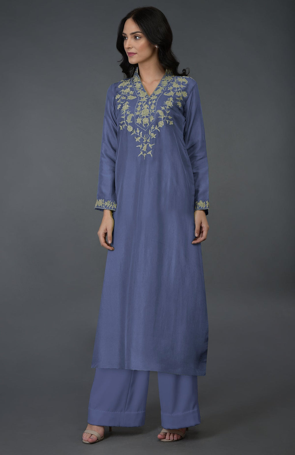 Iris blue Kashmiri tilla embroidered kurta set with a long tunic and wide-leg pants.