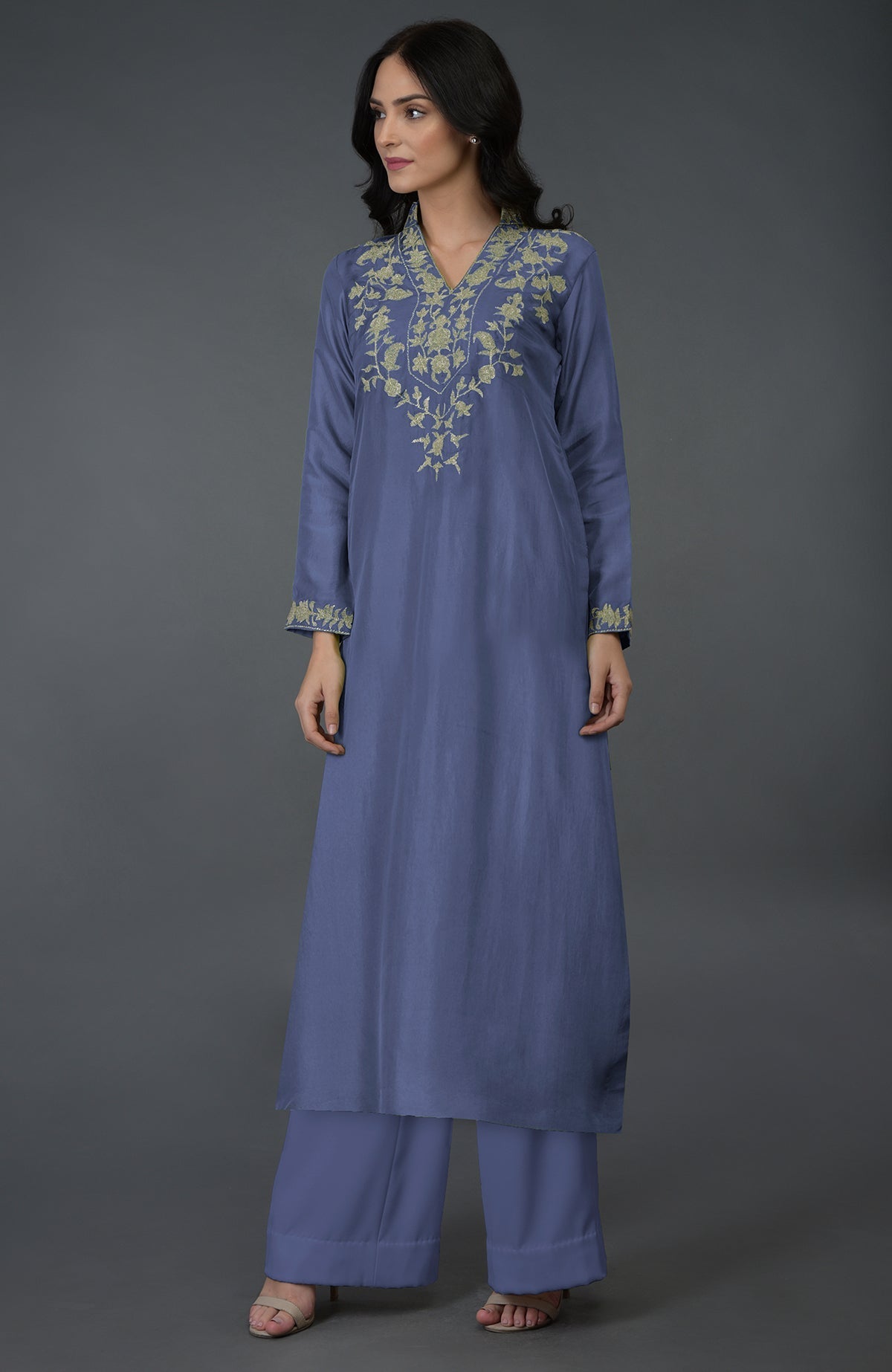 Iris blue Kashmiri tilla embroidered kurta set with a long tunic and wide-leg pants.