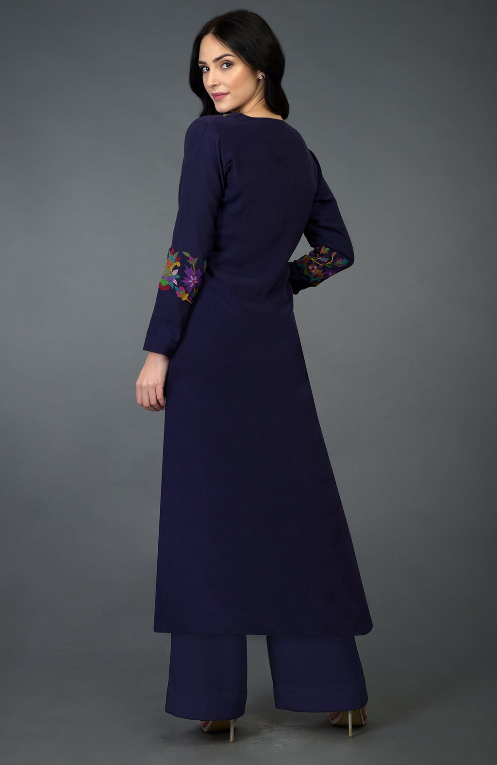 Eclipse blue Kani art embroidered kurta set with palazzo pants.