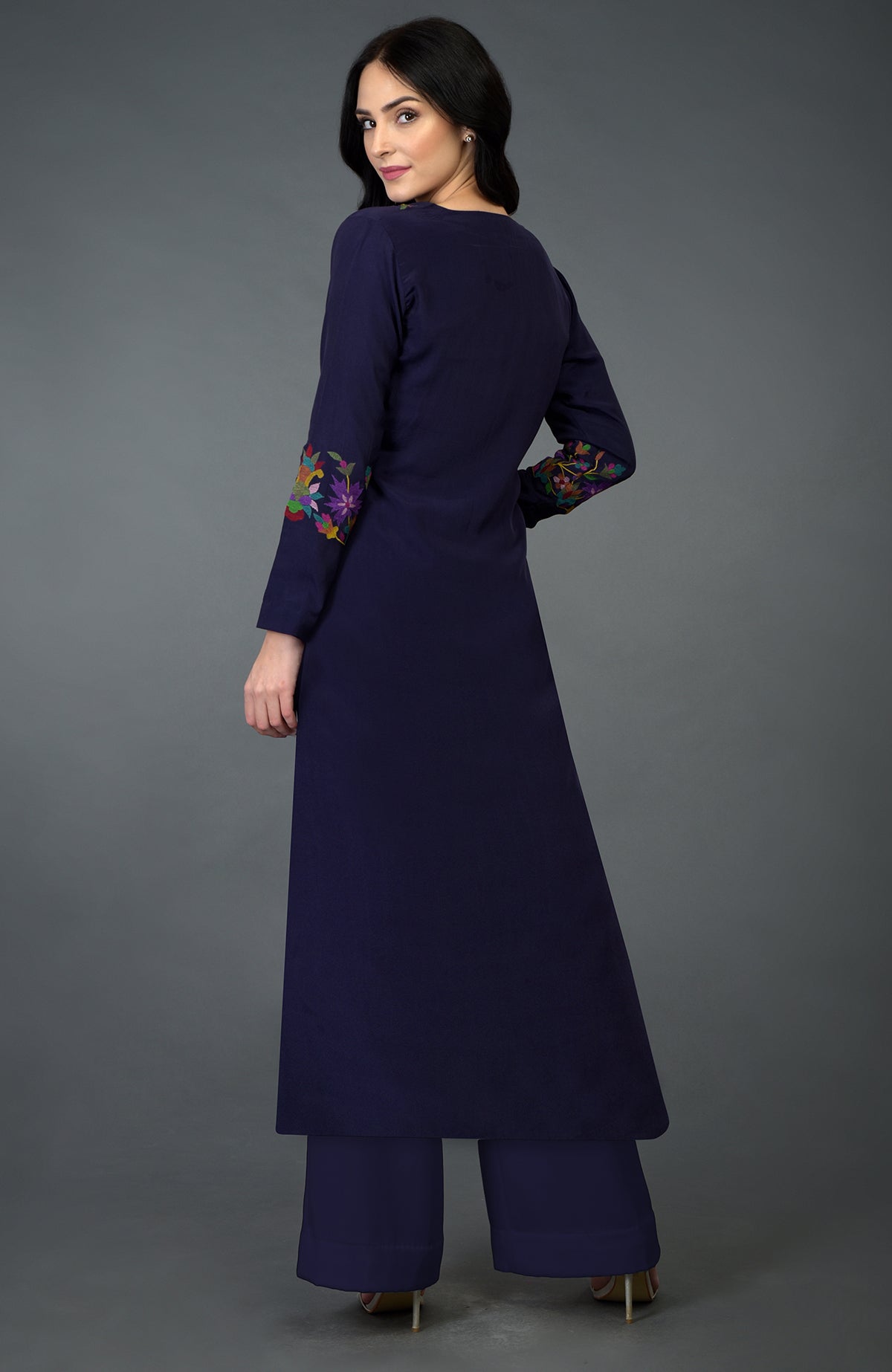 Eclipse blue Kani art embroidered kurta set with palazzo pants.