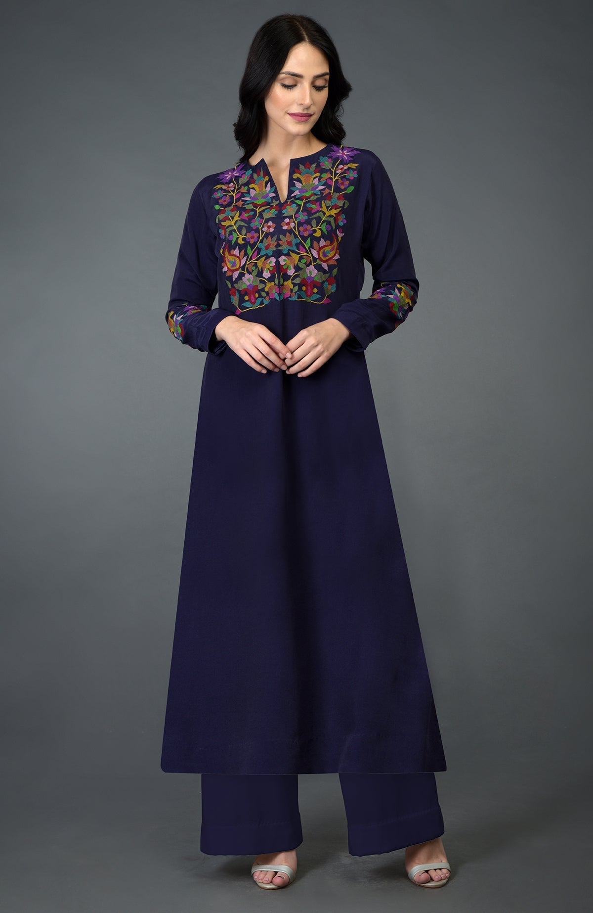 Eclipse Blue Kani Art Embroidered Kurta Set with colorful floral embroidery.