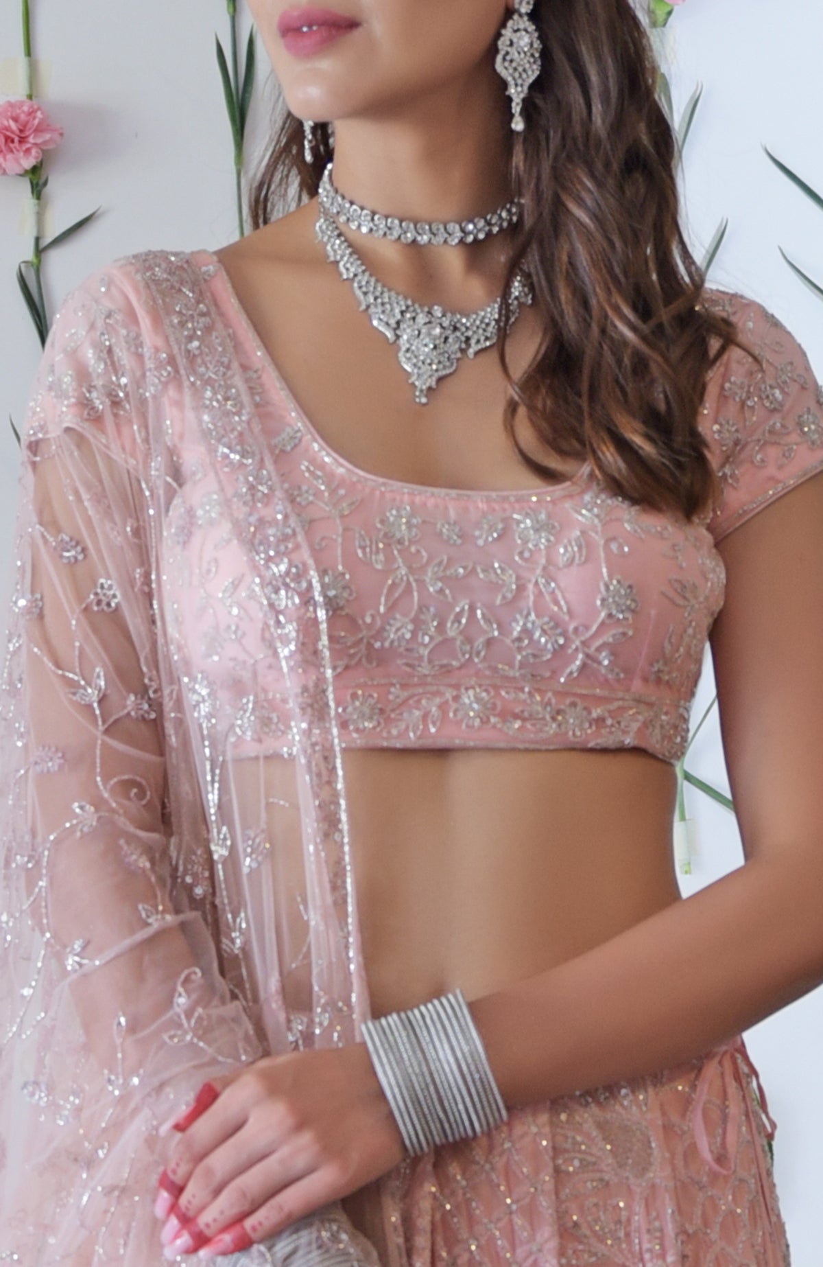 Pink tulle blouse with silver zardozi beads and sequin floral hand embroidery, cap sleeves