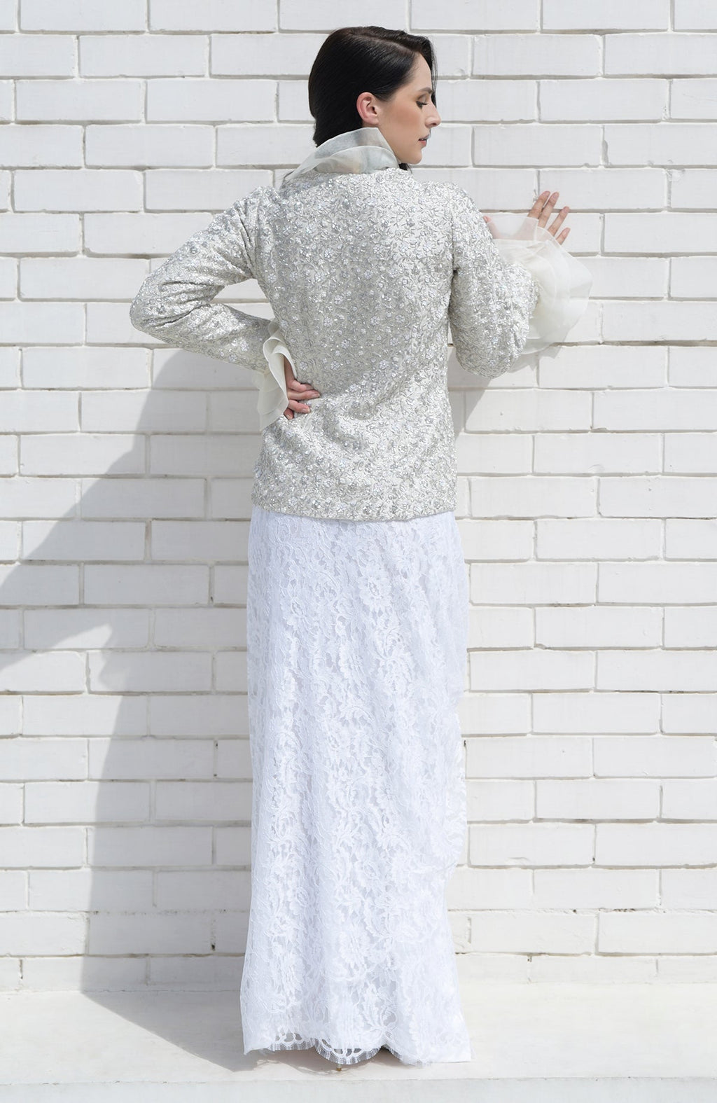 White Frost Sequin Beads and French Wire Hand Embroidered Jacket.