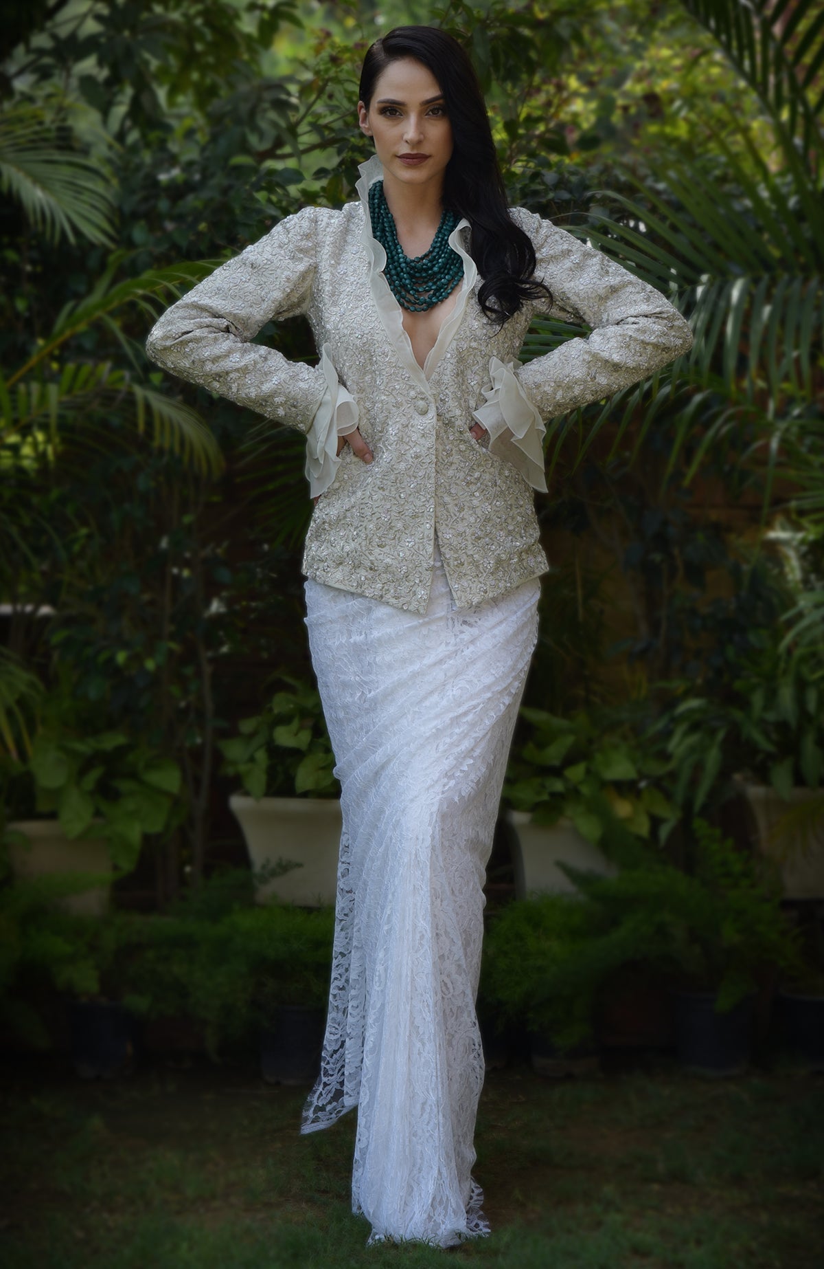 Frost Sequin Beads & French Wire Jacket with Lace Saree.