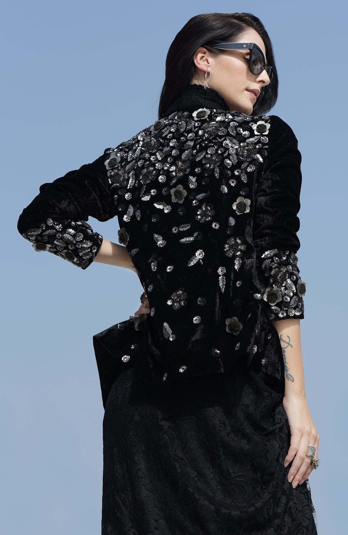 Black velvet jacket with metallic floral beads and sequin hand embroidery.