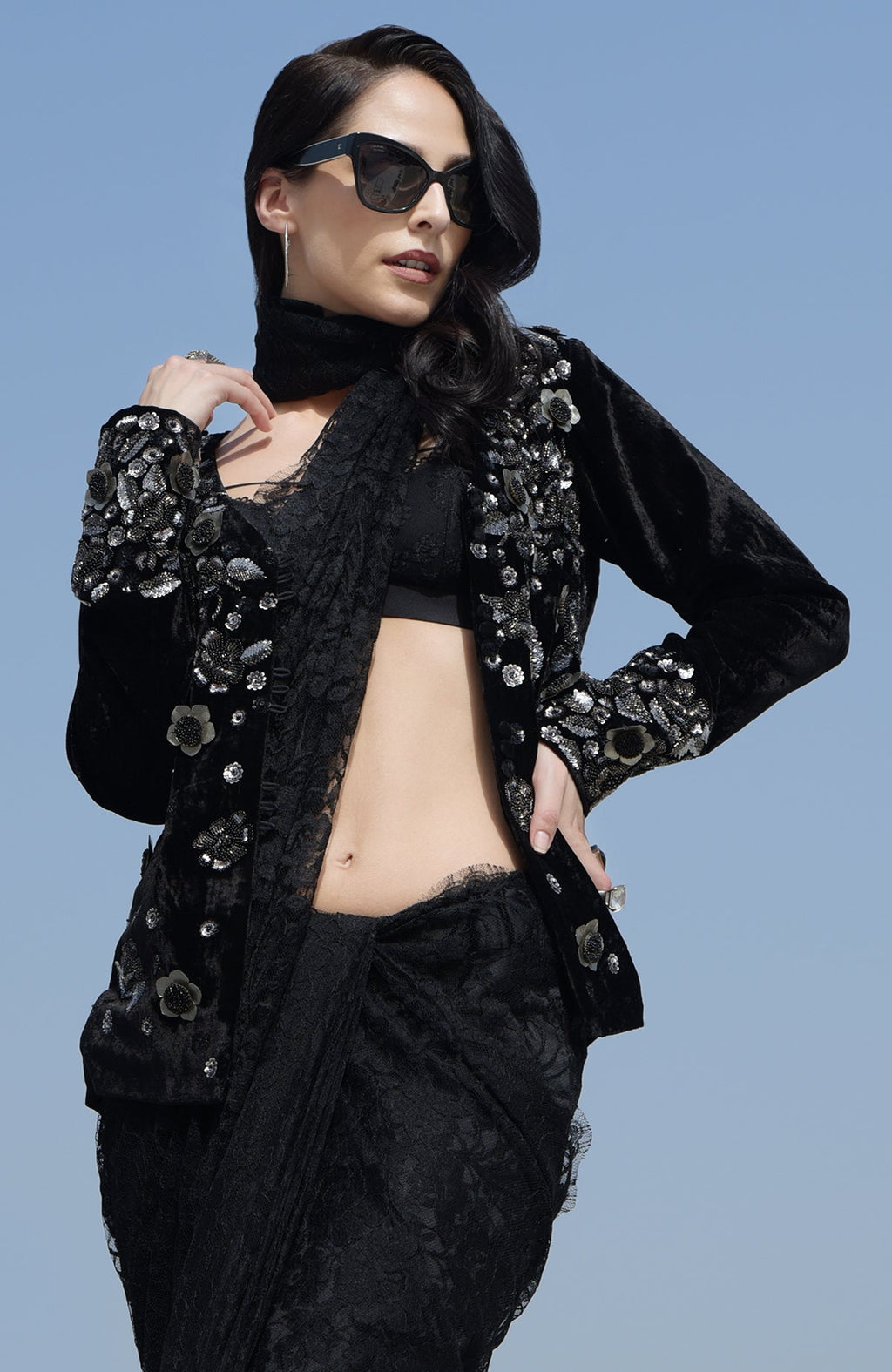 Black velvet jacket with metallic floral beads and sequin embroidery.