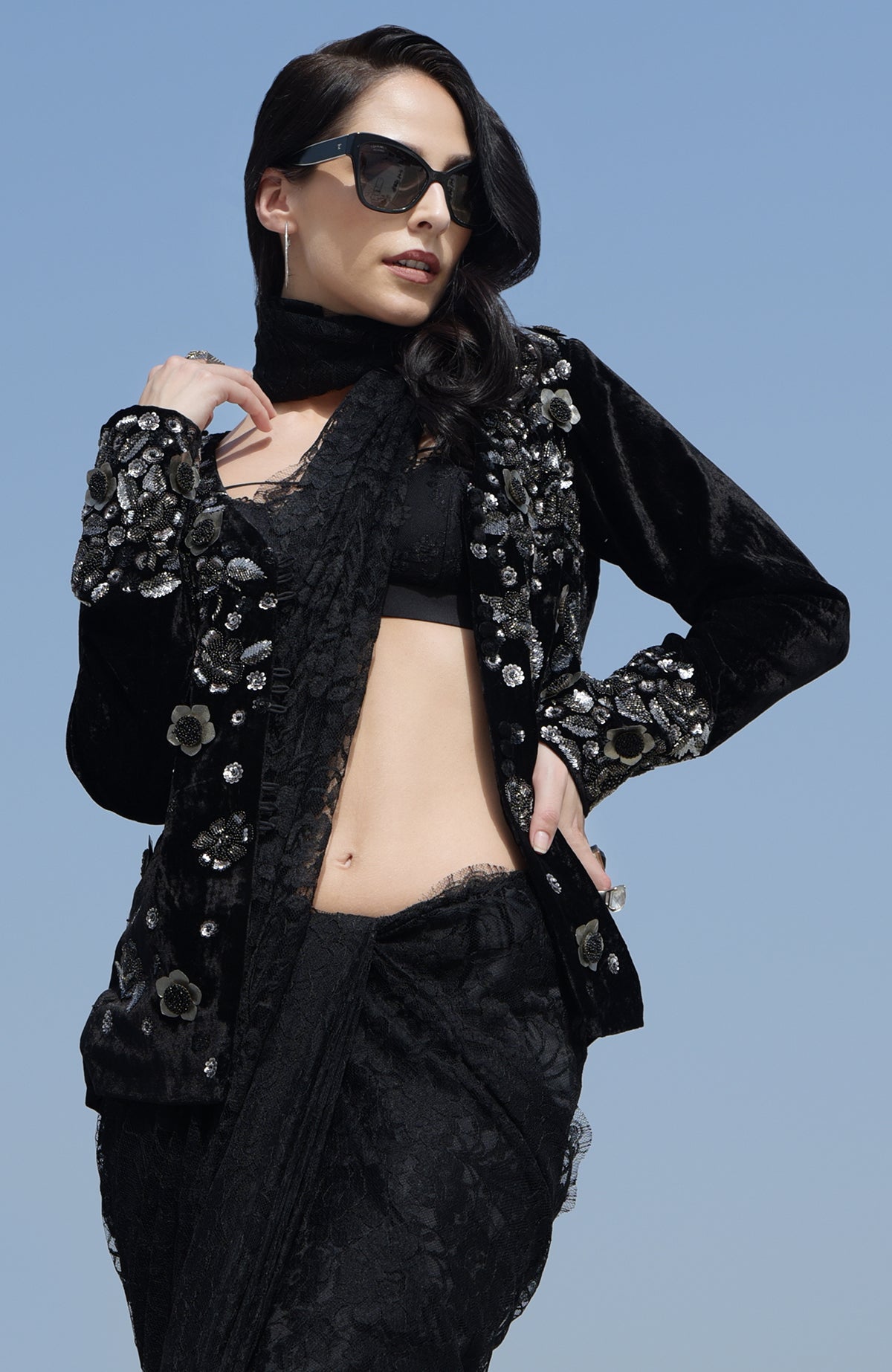 Black velvet jacket with metallic floral beads and sequin embroidery.
