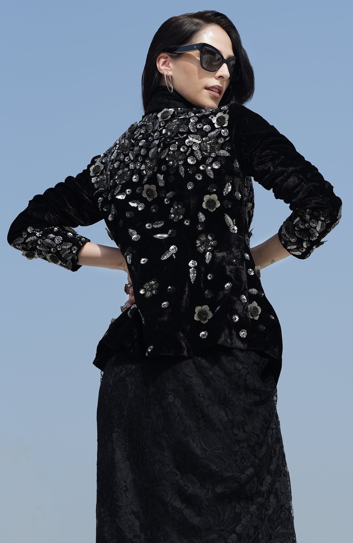 Black velvet jacket with metallic floral beads and sequin embroidery.