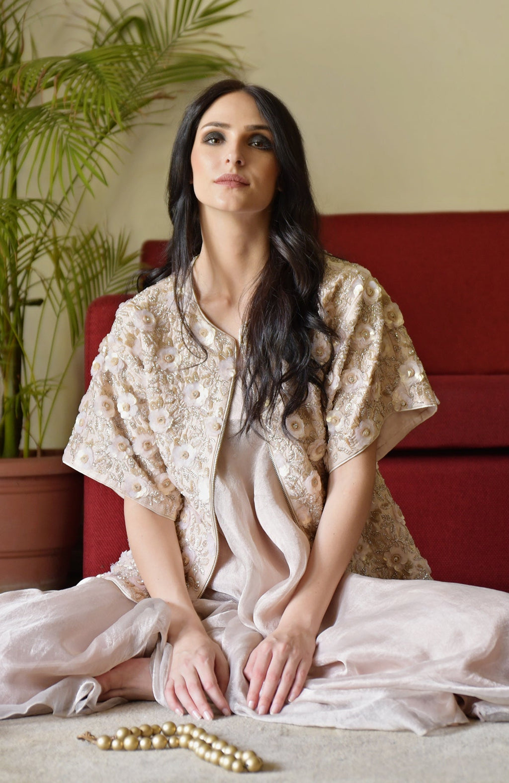 May Flower Beads & Sequin Hand Embroidered Jacket in light peach.
