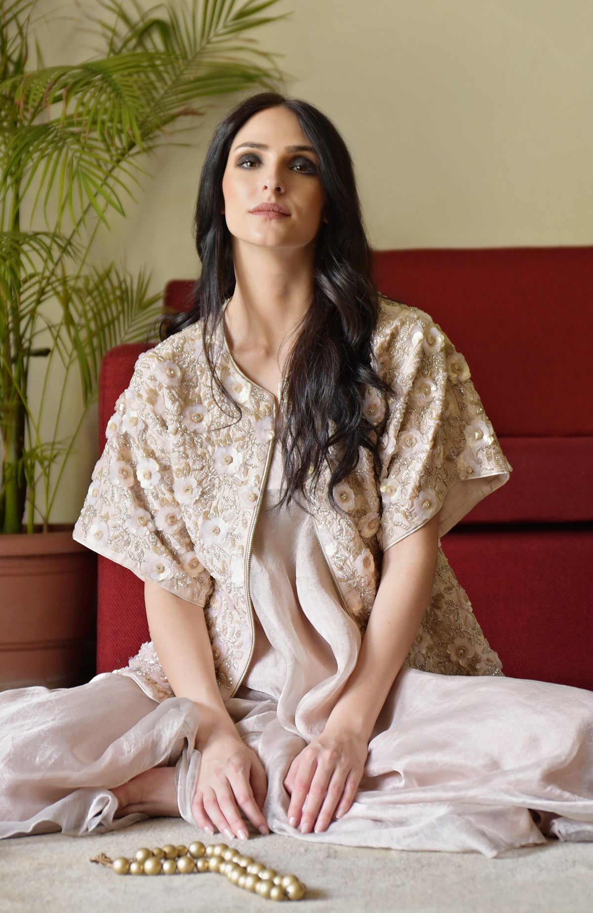 May Flower Beads & Sequin Hand Embroidered Jacket in light peach.