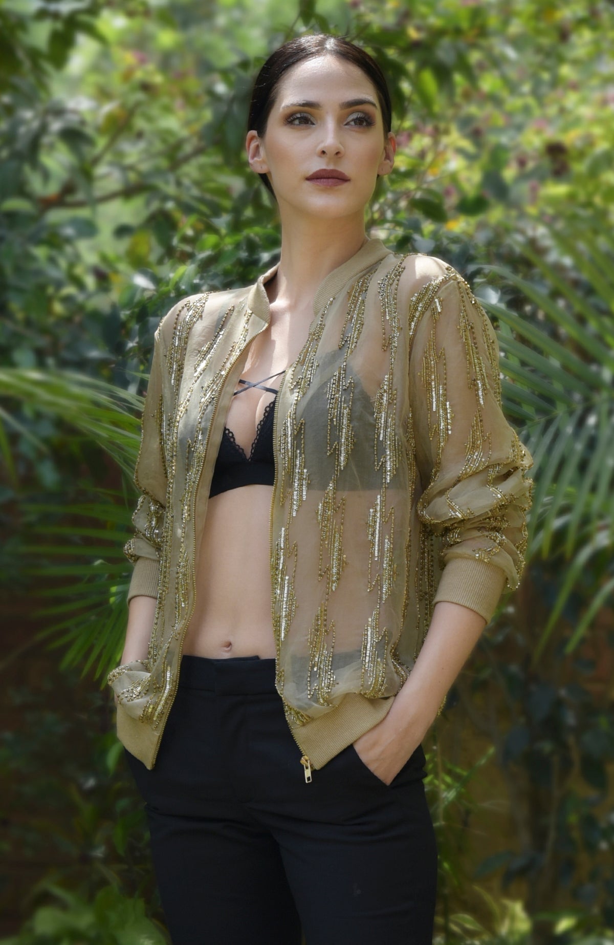 Electric Eye Beads & Sequin Hand Embroidered Jacket on a model.