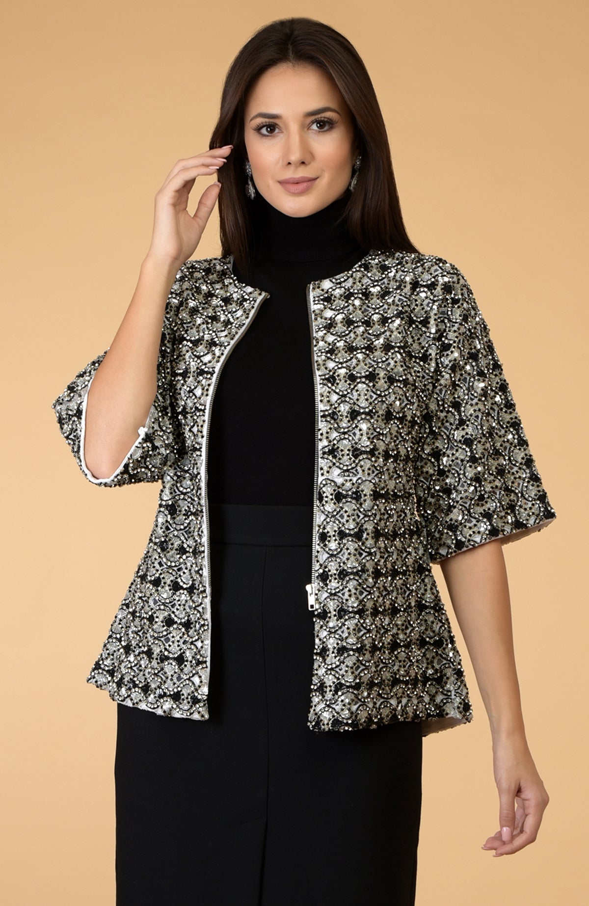 Black Empire Crystal Beads & Sequin Hand Embroidered Jacket.