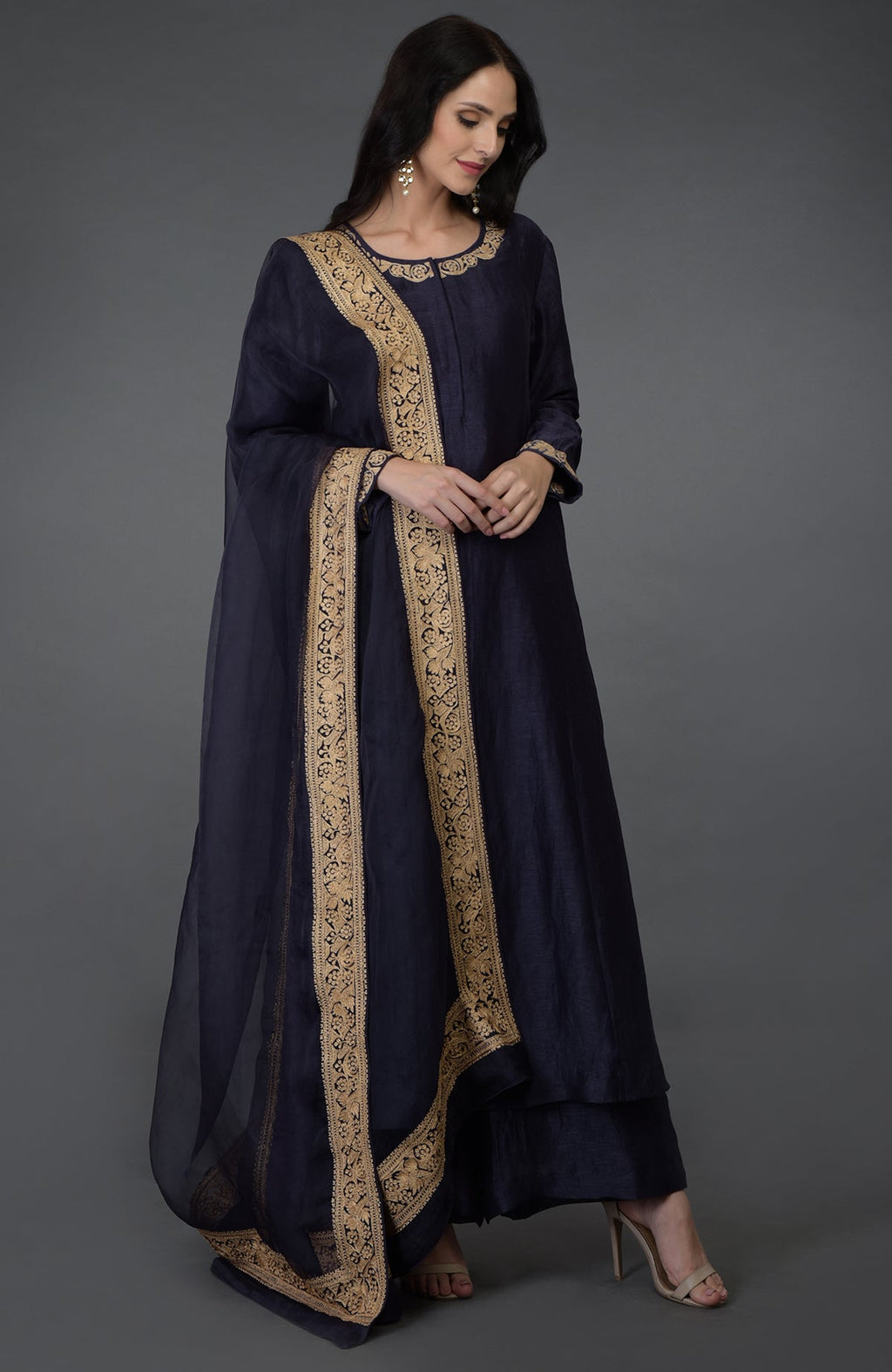 Kashmir Inspired Eclipse Blue Tilla Embroidered Suit