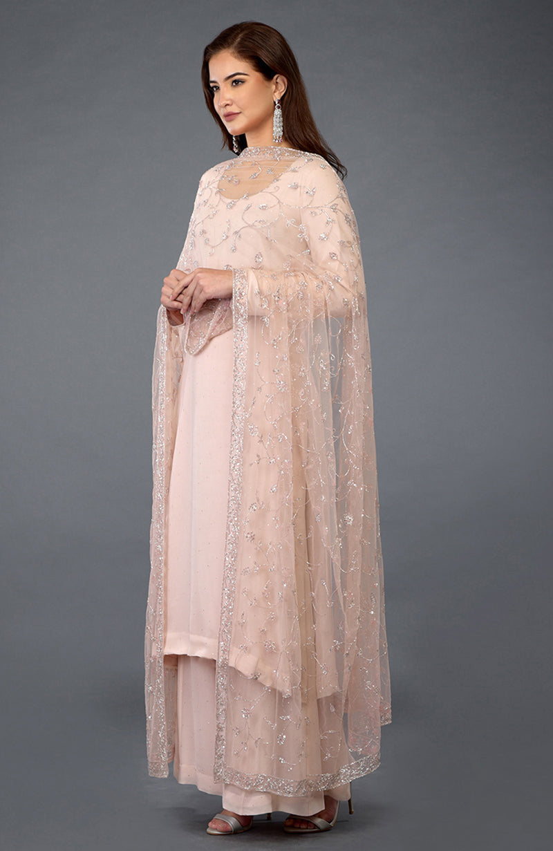 Nude pink handcrafted Mukaish Farshi Palazzo Suit with a sheer embroidered dupatta.