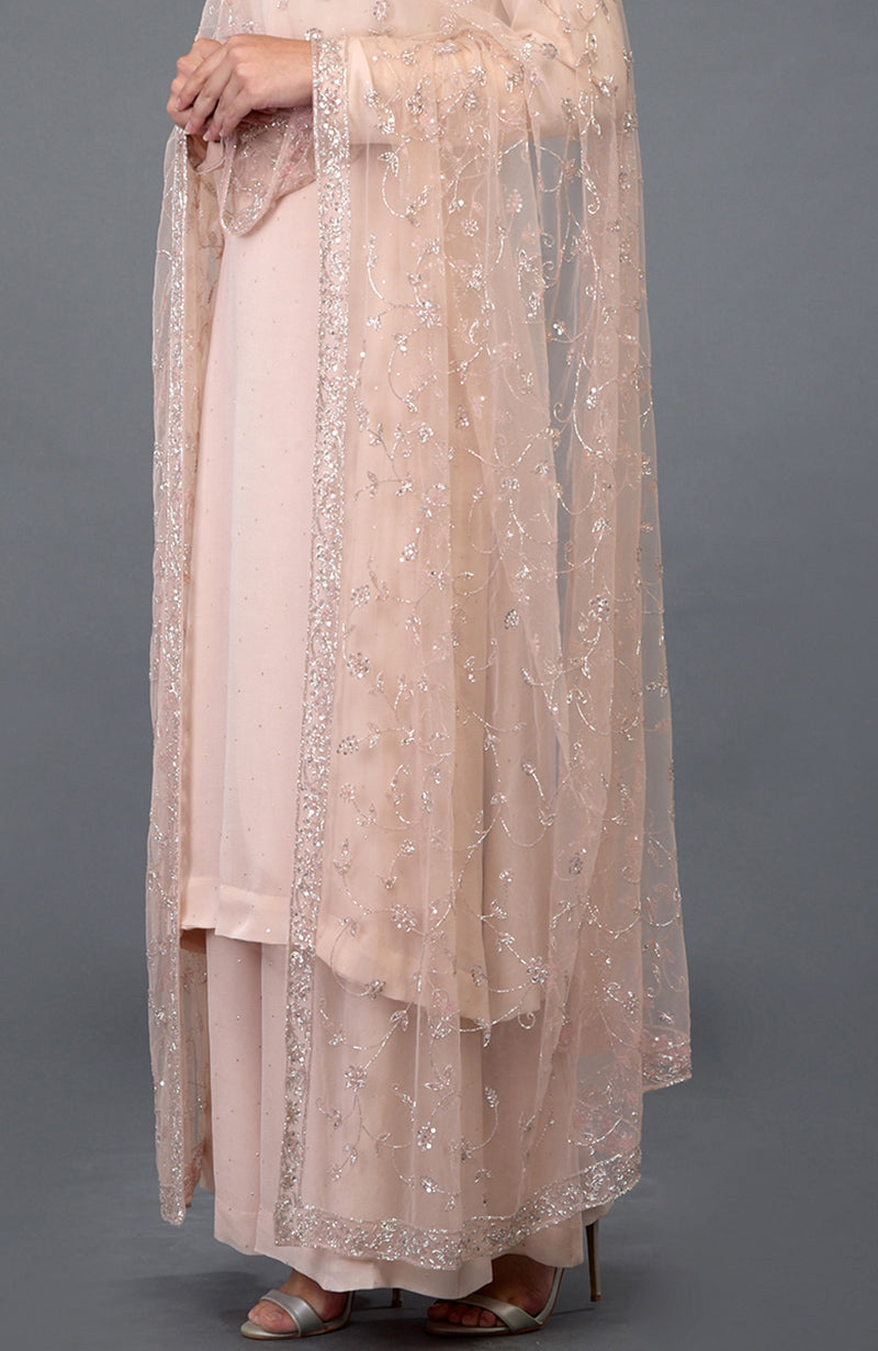 Nude pink handcrafted Mukaish Farshi Palazzo Suit with a sheer, embroidered dupatta.