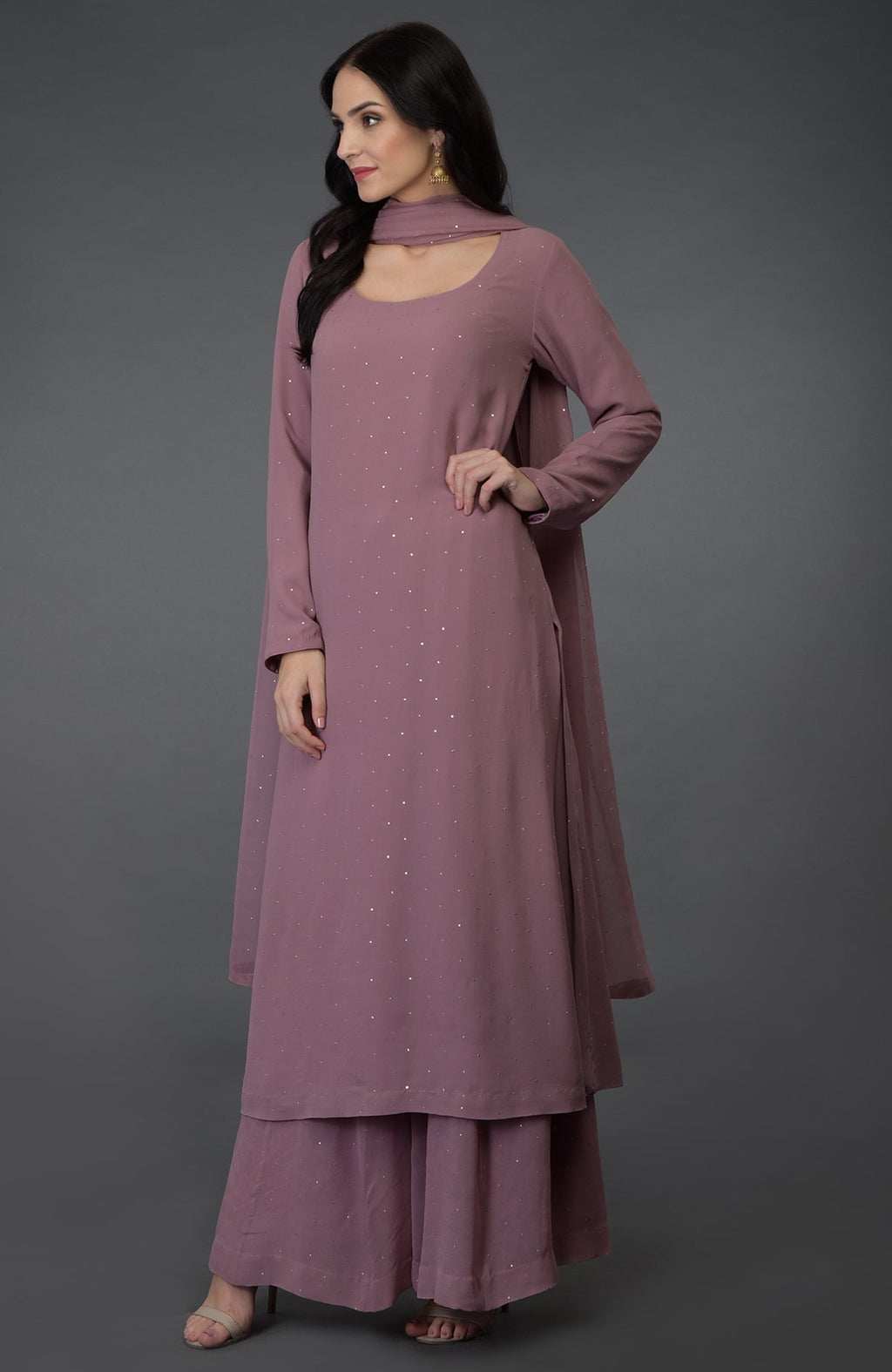 Lilac handcrafted mukaish farshi palazzo suit with a scoop neckline.
