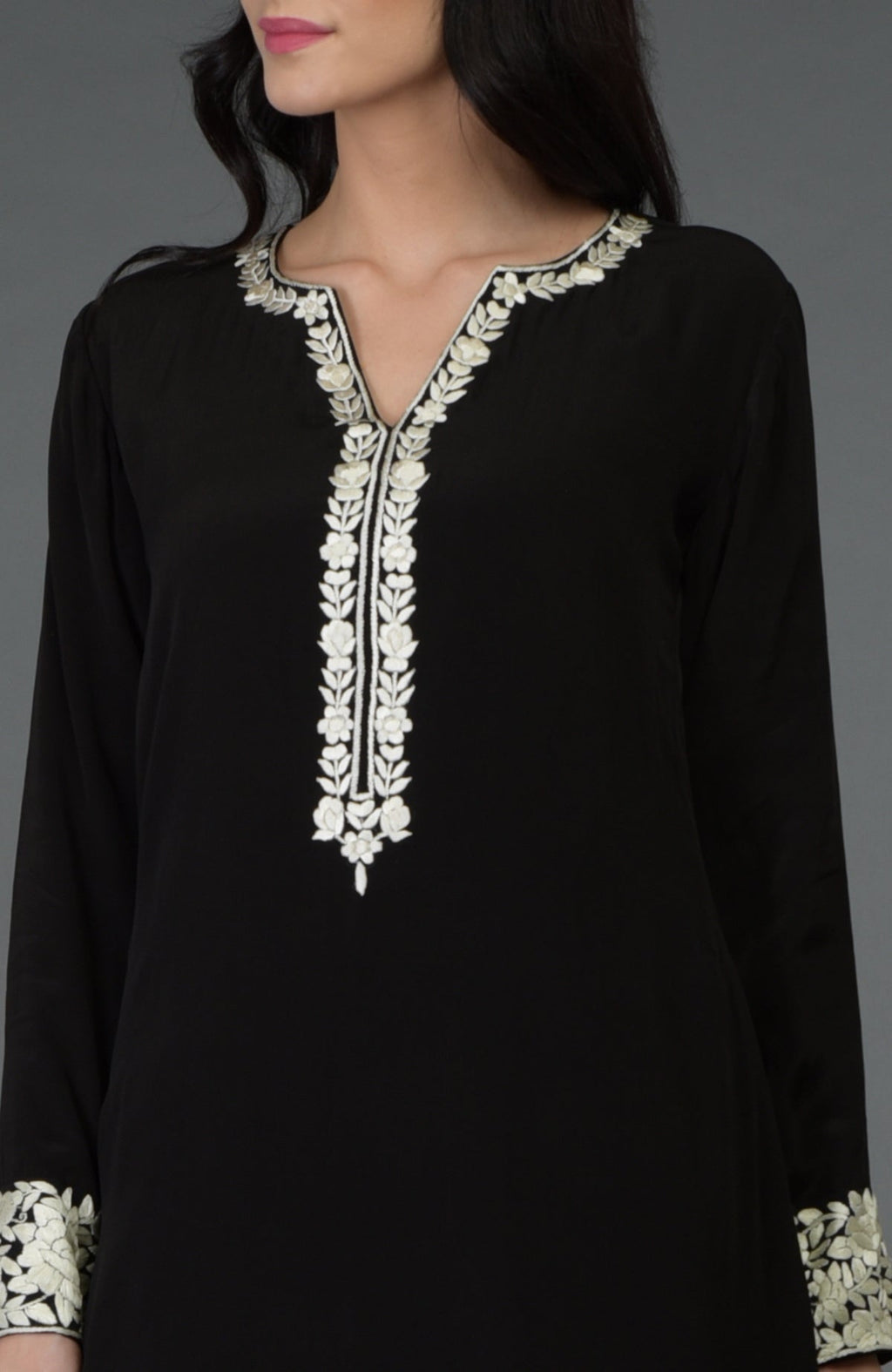 Black kurta with ivory Parsi Gara embroidery paired with black cowl Patiala pants