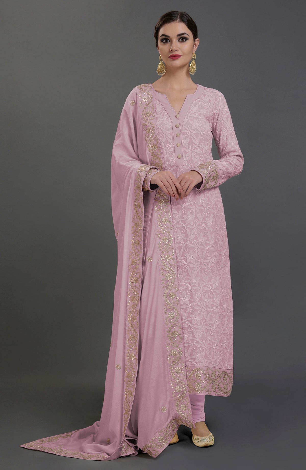 Oyster pink chikankari and gota patti hand-embroidered kurta set.