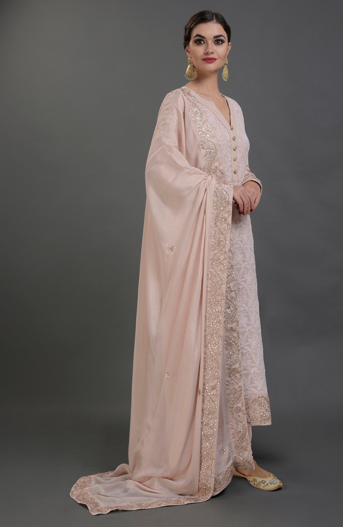 Oyster pink chikankari and gota patti hand embroidered kurta set.