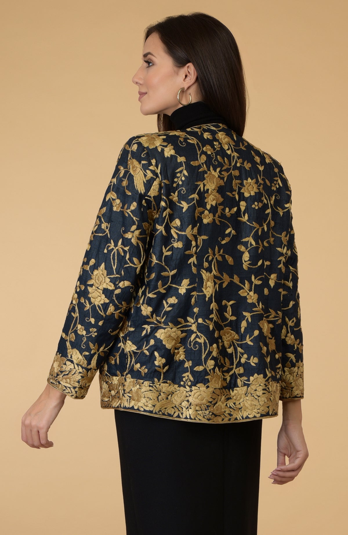 Midnight blue Parsi Gara embroidered shrug jacket with floral and bird motifs.