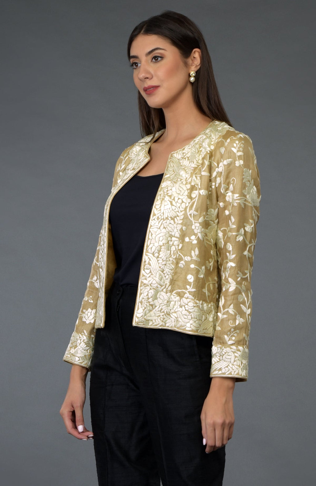 Fawn Parsi Gara embroidered tussar silk jacket with ivory floral and bird embroidery.