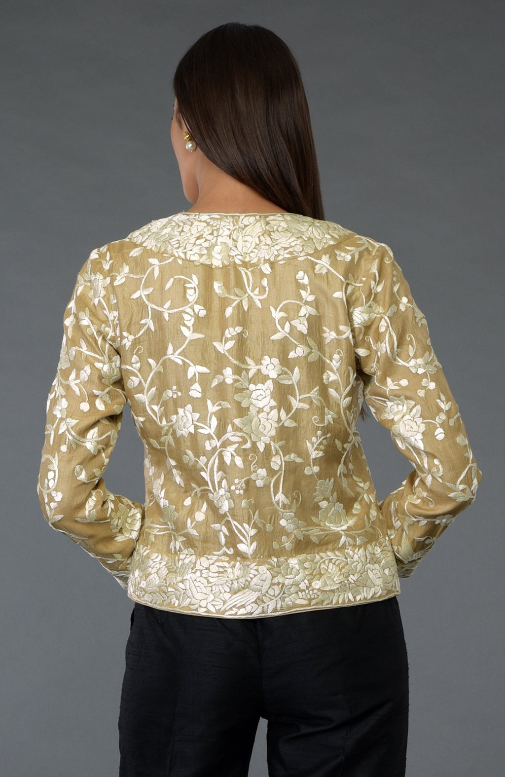 Fawn Parsi Gara embroidered jacket with ivory floral and bird patterns.