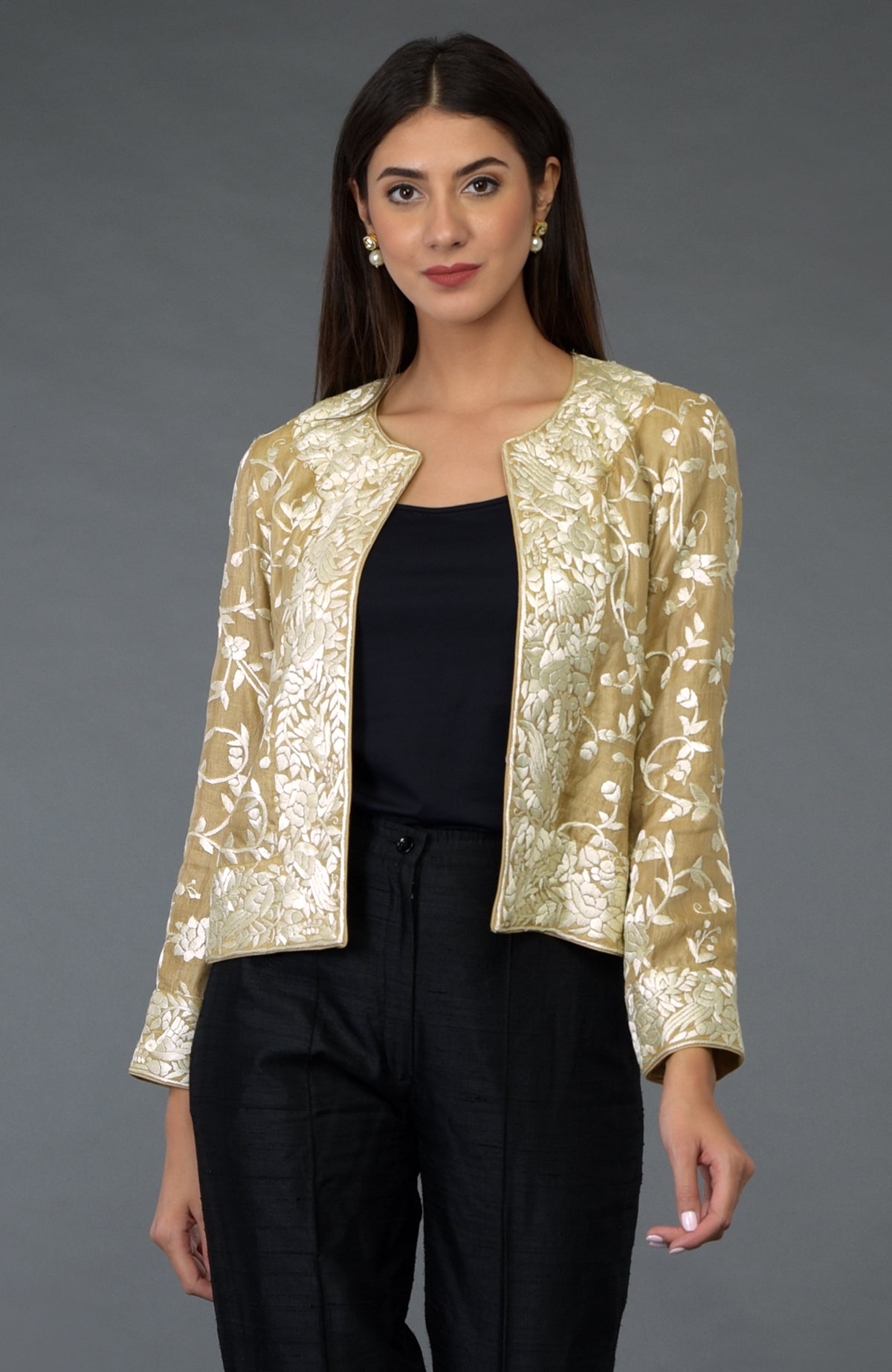 Fawn Parsi Gara embroidered tussar silk jacket with ivory floral and bird motifs.