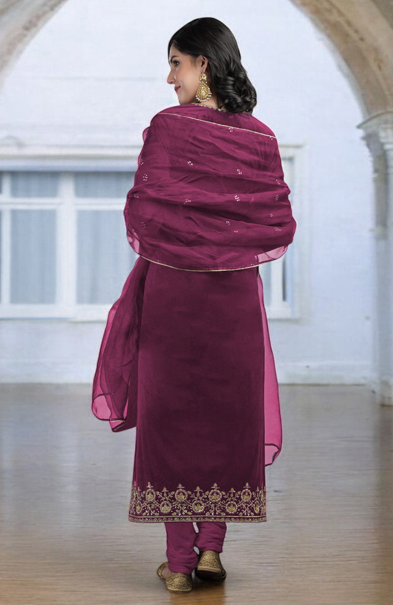 Peacock pink Zardozi hand embroidered kurta set with a matching dupatta and churidar.